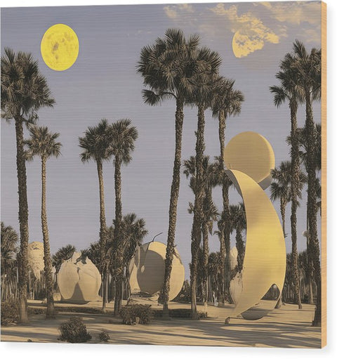 The cover of an art poster is upside down near a fountain and palm trees.