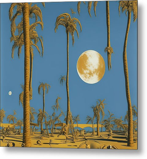 The moon is over a desert region of a jungle covered in palm trees and a field