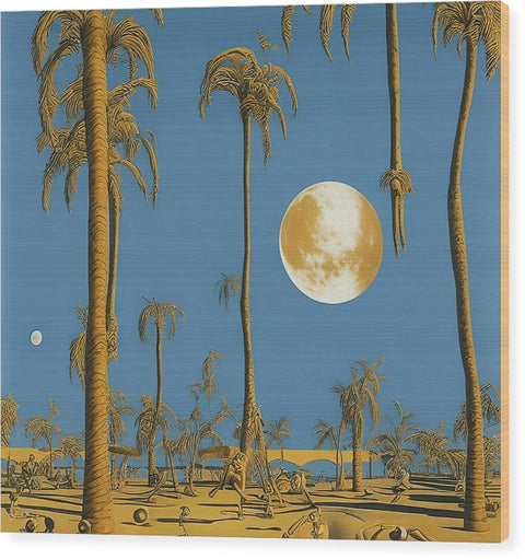 Art print on two white tapestries and a beach with some trees.