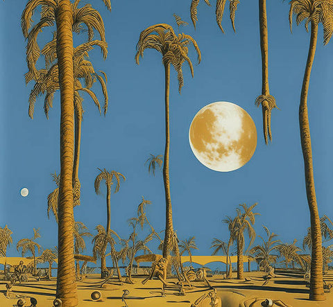 A desert scene with trees, some of them tall, with palm trees in the background