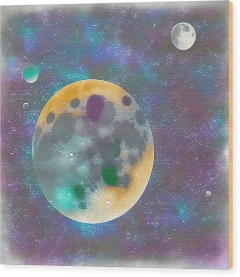A framed art print of the moon is spray painted with an oil painting on it.