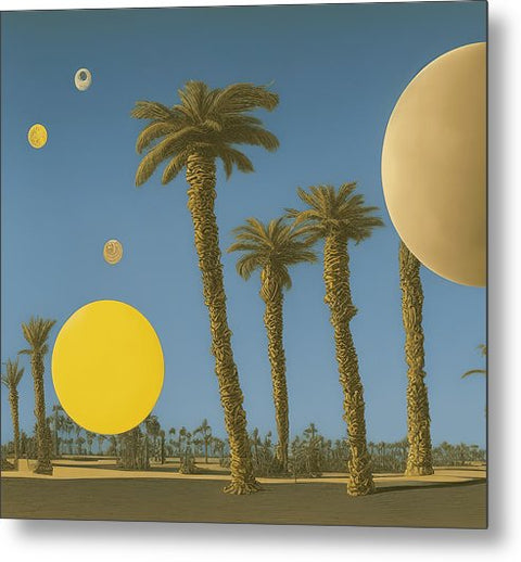 a painting of a desert sun surrounded by a palm tree and some large trees