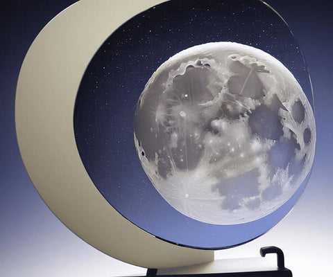 The moon is reflected in a large window of a TV shaped dish sitting on a table