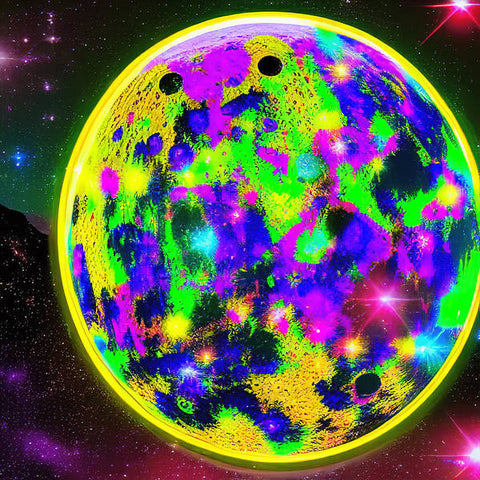 A globe filled with colorful space balls are reflecting out of a moon.