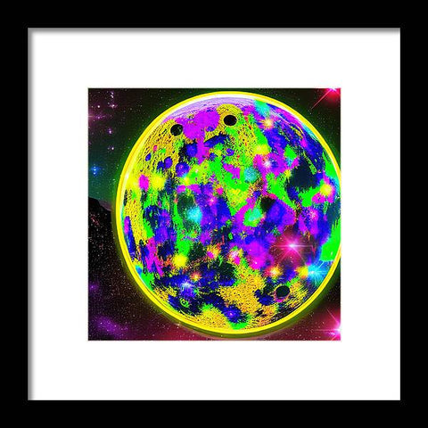 A large and colorful print with the moon and moon sitting in a black  frame.