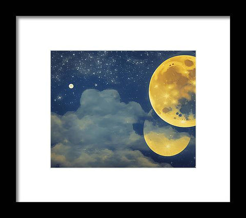 An art print hanging on the wall with a bright blue moon.