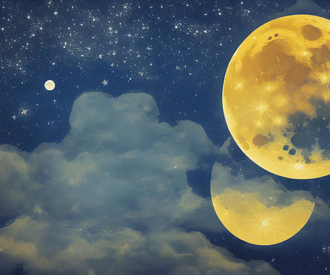 A large full moon is set against a sky full of clouds and large yellow stars.