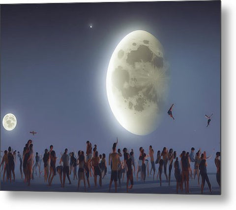 Several people enjoy a moment at the beach under a moon.