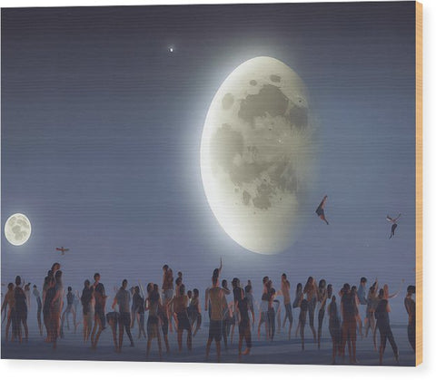 An image of a pillow and a print art mural with a moon.