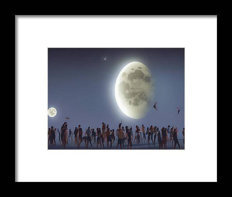 An art print of the moon set with a city with moon on the sky.