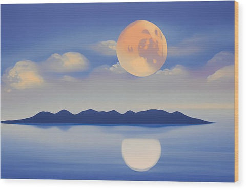 a wooden panel with a moon over a lake and mountains