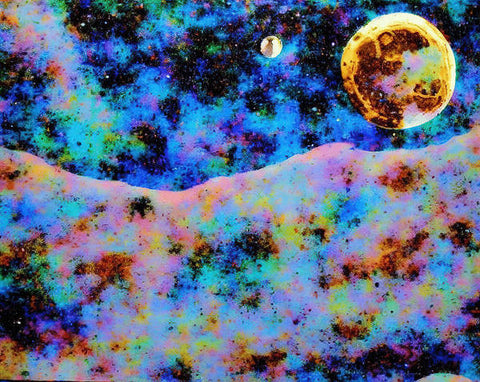a rainbow colored landscape, and an old picture of an old moon, on a galaxy