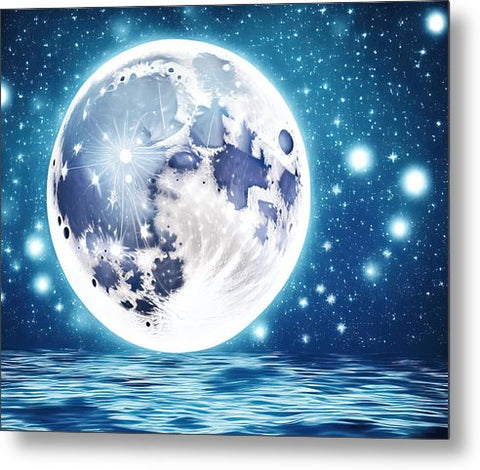 A moonlight-covered moon shining on an art print in the dark background.