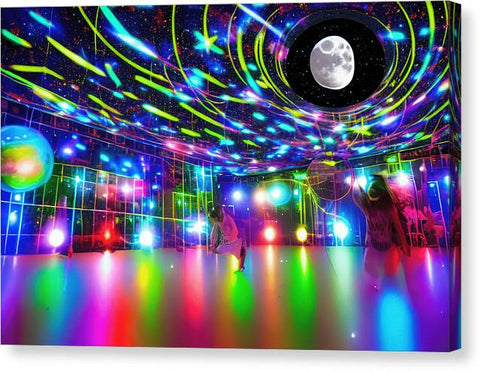 A colorful dance floor and a room that includes mirrors and lights.