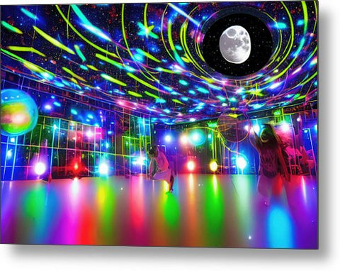 Black room  with a disco ball outside with mirrors and children playing on an indoor playground