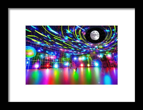 A dance floor is lit up with neon lights and a large snow ball.