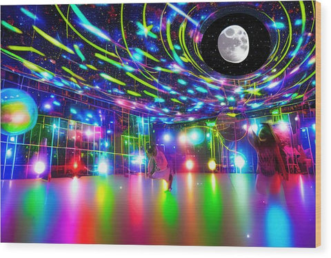 A dance floor decorated by mirrors with colorful art books and video screens.