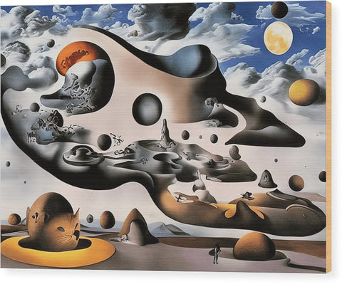 a collage painting by Mario Dali with various planets and figures of people below a