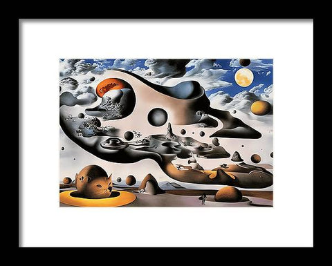 An art print with a spaceship, planet and stars sitting on a table in a room
