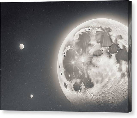A couple of different images of planets and moons on the Earth with a giant moon in