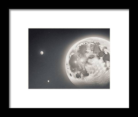 Two black and white pictures of Earth with many moonlit skies.