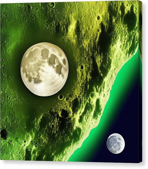 A full moon is shown reflecting off of moon on top of a tall, green rock