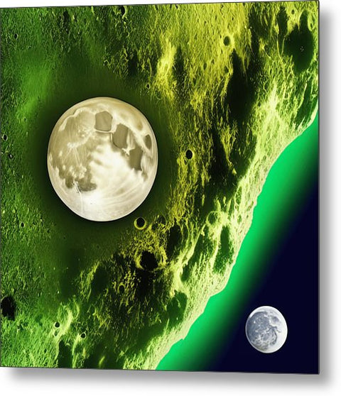 A view of a moon under the night sky with a bright and green sky.