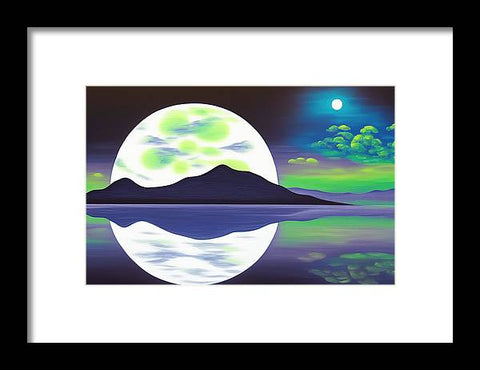 Art print in a field of white trees and green grass in the night by several water