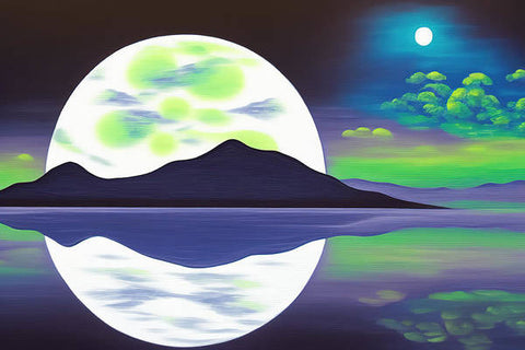 A green and white background with a bright moon rising over the water.