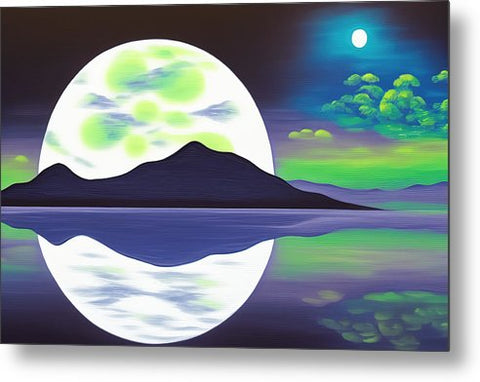 An art print on a green paddle boat at night next to waves.