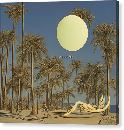 A sunbathing man is on a beach under a palm tree.