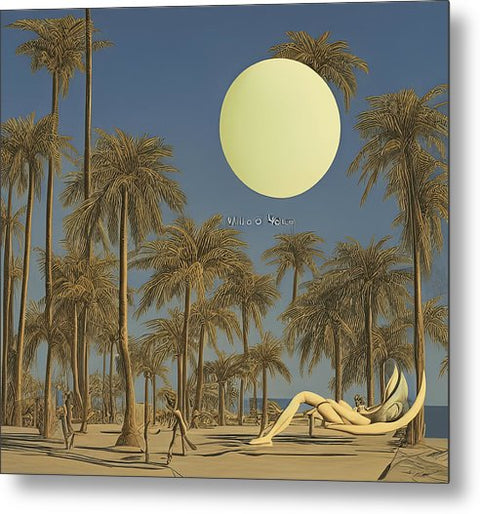 Sunny and a man laying in the sand in front of a tall white palm.
