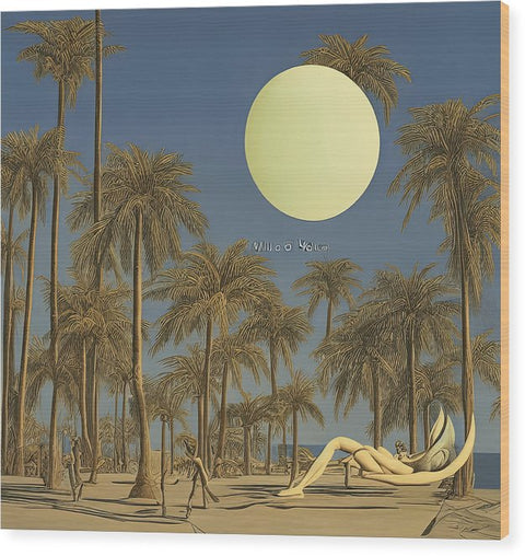 A woman stands naked atop a white beach blanket covered with palm trees with a moon.