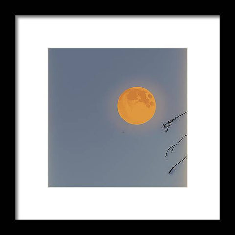 A gold framed picture of a full moon under a blue sky next to an art print