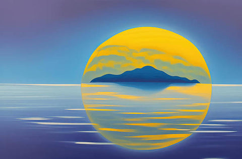 A blue background with a sunset over sea views and a large island.