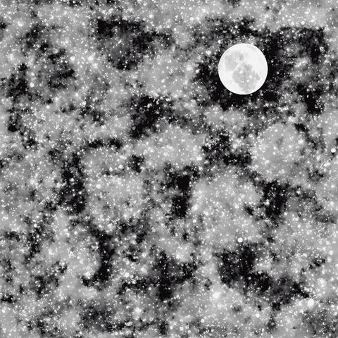 A full moon with ice on a snow covered surface on a snowy and white cloud covered