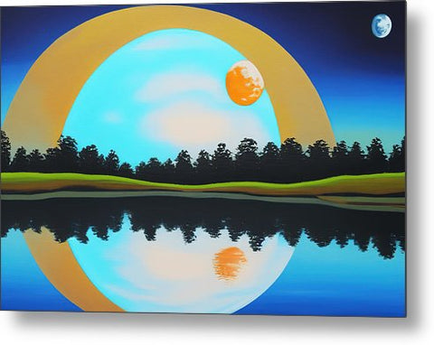 An art print in acrylic in front of a sunset on a water body painting.