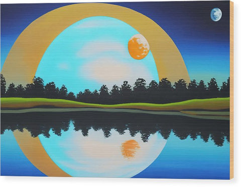 A wood panel painting of a colorful sunset set in a pond.