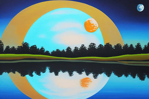 A painting of a sunset is reflected in the clear moon above a lake.