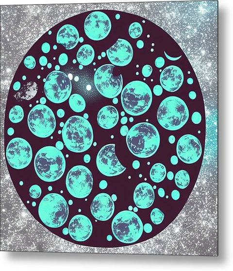 An art print of a moon with pink, green, purple and blue stars surrounding it