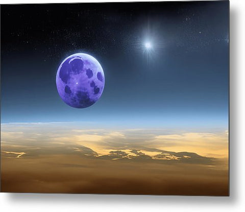 The earth is visible above the moon at night in a glowing purple blanket.