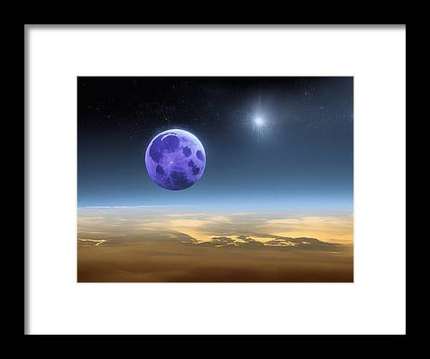 A silver art print near a moon with a purple background