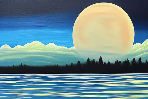a painting of a sunset setting on a lake at night with the ocean in the background