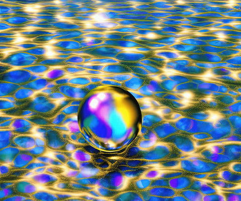 A yellow bubble on a surface of blue water is reflected in sunlight.
