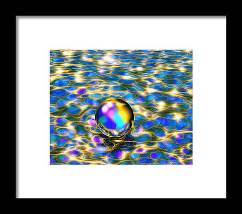 A photograph with a blue water falling behind a gold marble frame.
