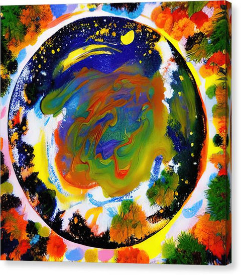 A painted scene painting that resembles a planet that is very colorful