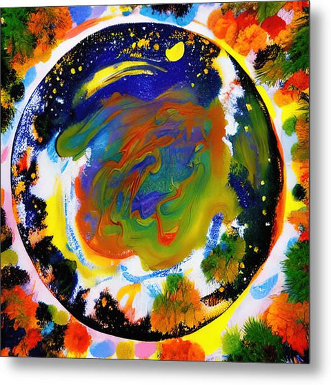 a colorful abstract painting of an Earth with clouds and sun in the picture