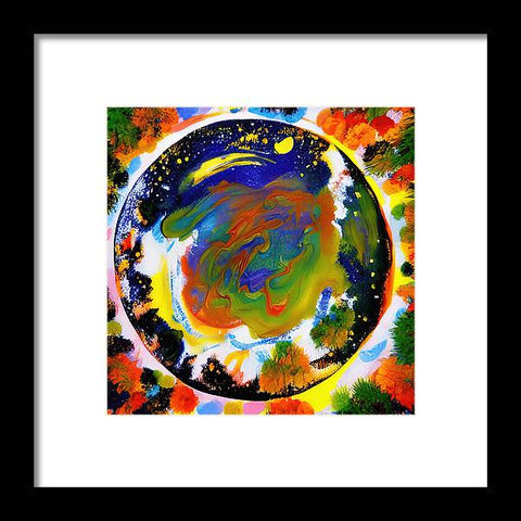 An art print depicting Earth with the Earth swirling around it's stars and planets.
