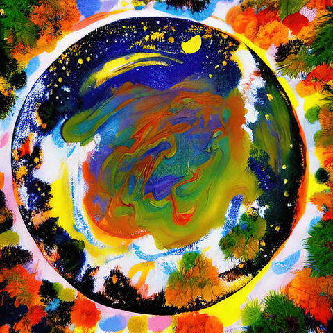 a painting of a large colorful planet on a table with some colored objects
