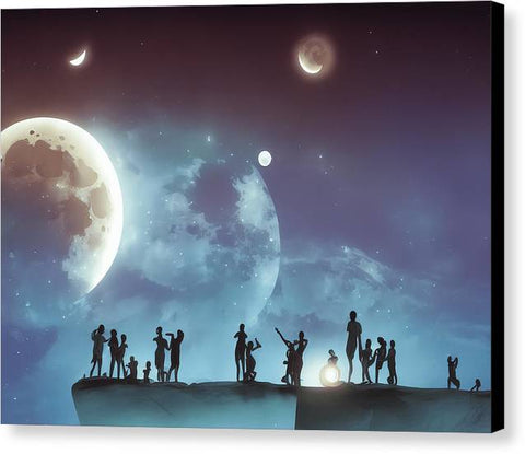 a photo of a painting on a wall with the moon and people around it